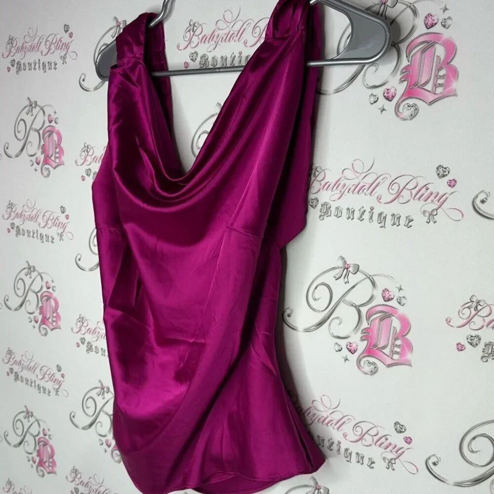 ASTR the label Shiny Cowl Neck Top in Fuchsia draping blouse sexy pink